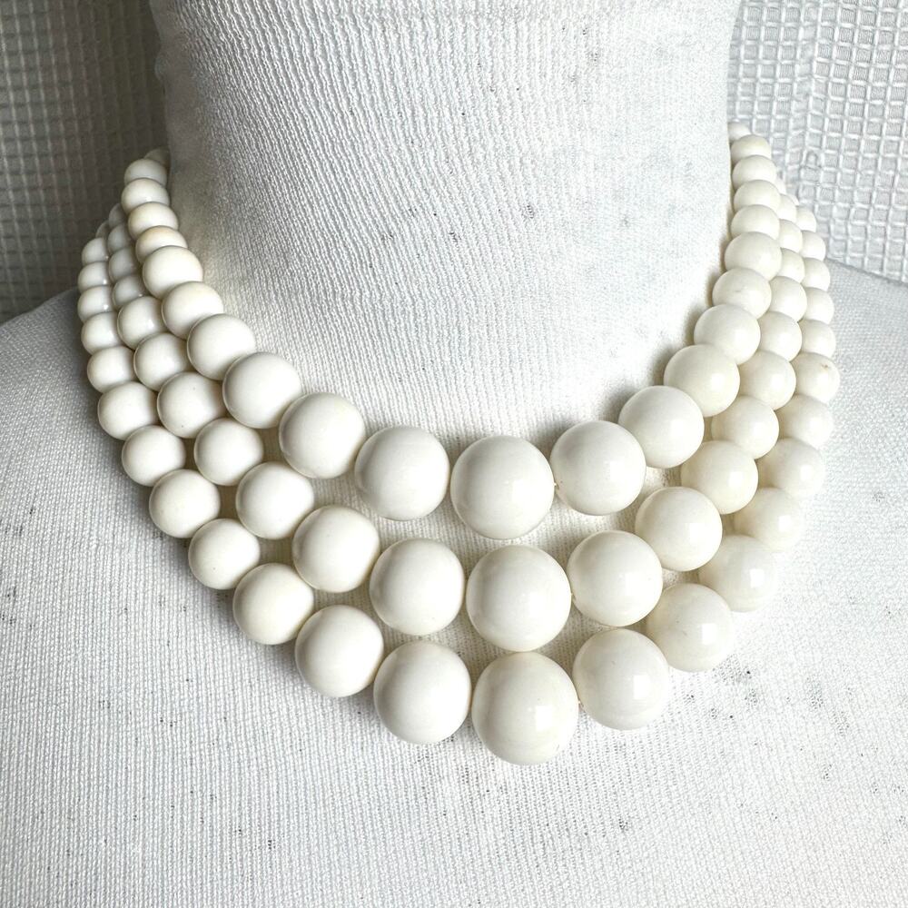 Vintage Multi Strand White Bead Necklace Japan Graduated Accent Statement 14"